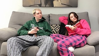 Step Brother Watches Porn And Masturbates Next To Step Sister, Who Then Gives Him A Handjob Instead Of Reading A Boring Book